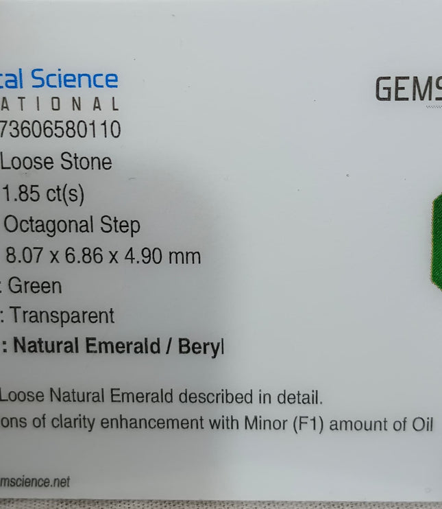 Swat Emerald 1.85ct Natural Certified Velvet Green Octagon Cut Loose Stone