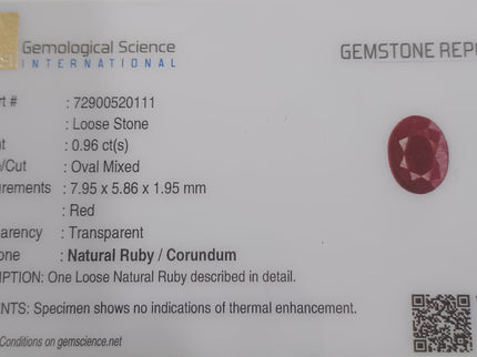 GSI Certified 0.96ct Mozambique Ruby, Natural Untreated Gemstone