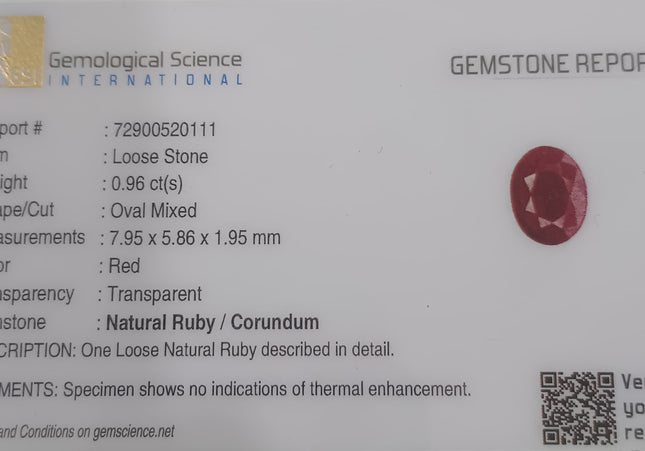 GSI Certified 0.96ct Mozambique Ruby, Natural Untreated Gemstone