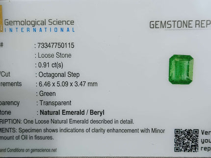 Natural Emerald 0.91ct Certified Zambian Origin Octagon cut Stone