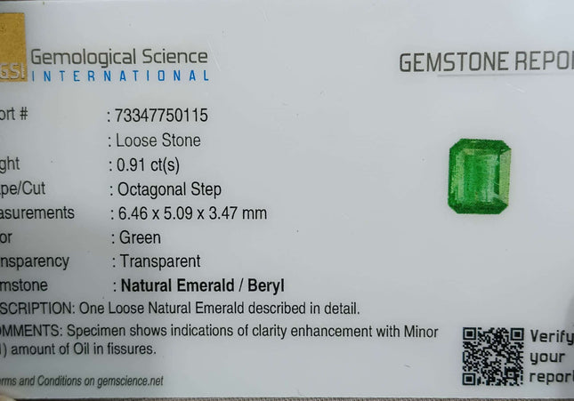 GSI Certified 0.91ct Deep Green Zambian Emerald Minor Oiled Loose Gemstone