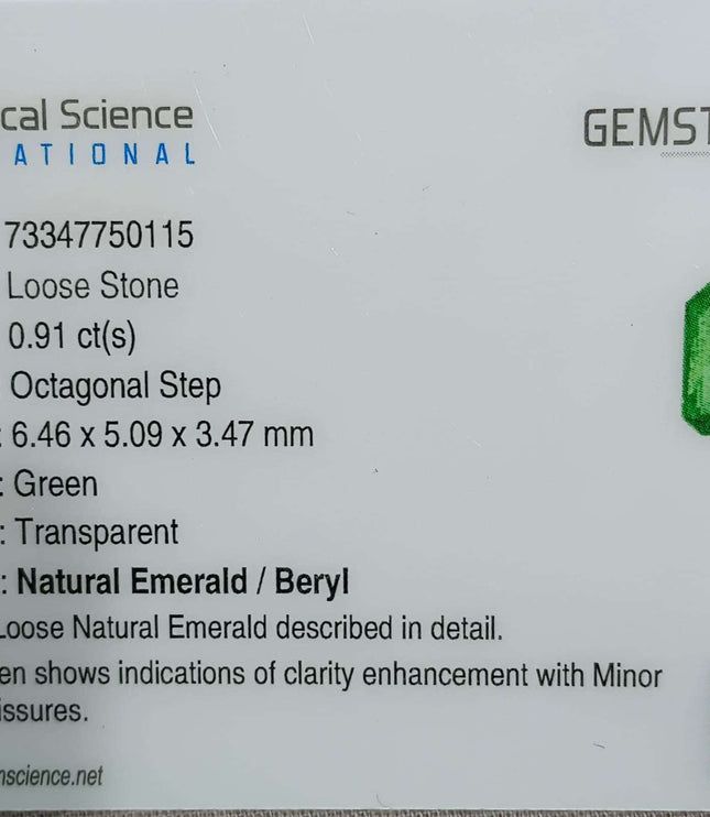 Natural Emerald 0.91ct Certified Zambian Origin Octagon cut Stone