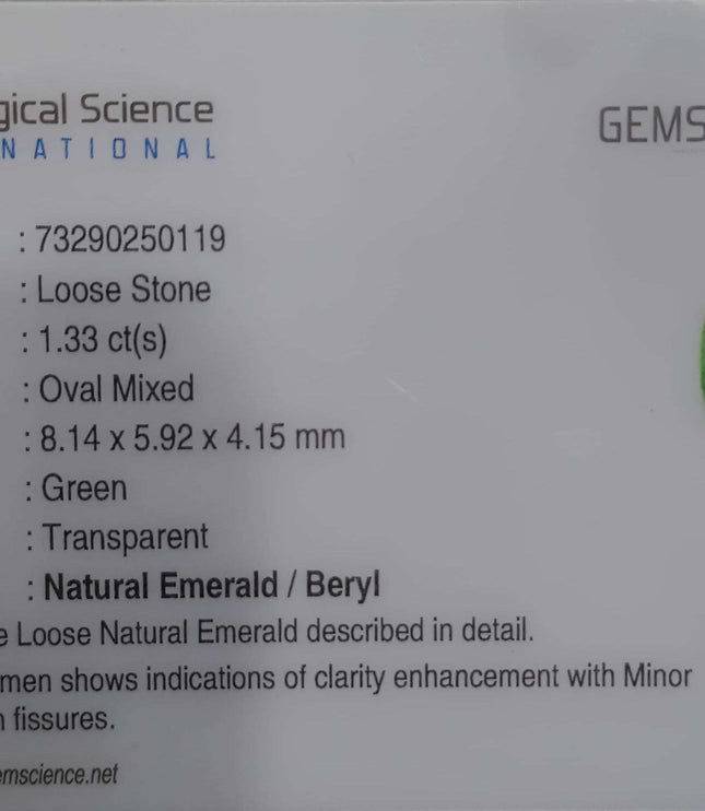 Certified 1.33ct Natural Swat Emerald Stone.