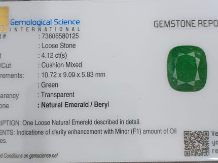 Zambian Emerald 4.12ct Certified Natural Medium Deep Green Cushion Cut Loose Stone