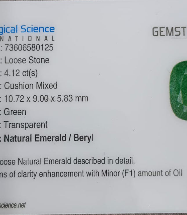 Zambian Emerald 4.12ct Certified Natural Medium Deep Green Cushion Cut Loose Stone