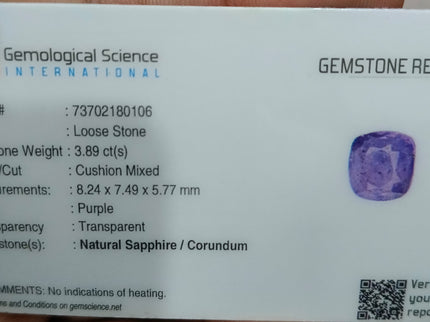 3.89ct Purple Sapphire, Certified Natural Unheated Sri Lanka Origin Cushion Cut Loose Gemstone