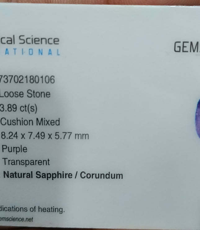 3.89ct Purple Sapphire, Certified Natural Unheated Sri Lanka Origin Cushion Cut Loose Gemstone