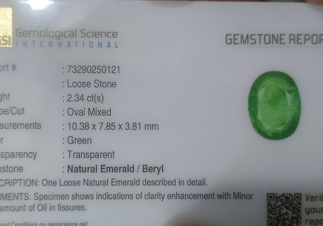 GSI USA Certified Medium Vivid Green Natural Zambian Emerald Minor Oiled Loose Gemstone