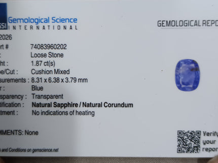 Unheated Cornflower Blue Sapphire 1.87ct Natural GSI Certified Cushion Cut Loose Gemstone
