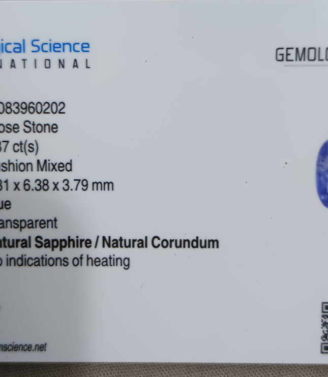 Unheated Cornflower Blue Sapphire 1.87ct Natural GSI Certified Cushion Cut Loose Gemstone