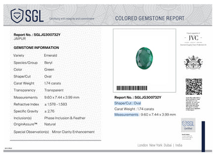 1.74ct Natural Emerald Deep Green Zambia Oval Cut SGL Certified Minor Oil Gemstone