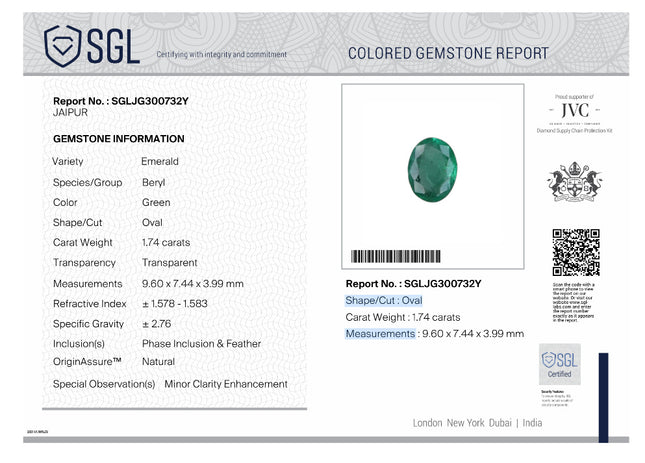 1.74ct Natural Emerald Deep Green Zambia Oval Cut SGL Certified Minor Oil Gemstone