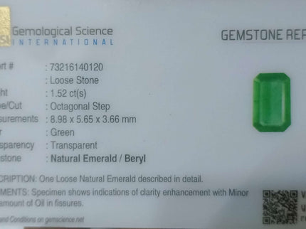 Certified 1.52ct Natural Zambian Emerald Stone Medium Green Octagon Cut Gemstone