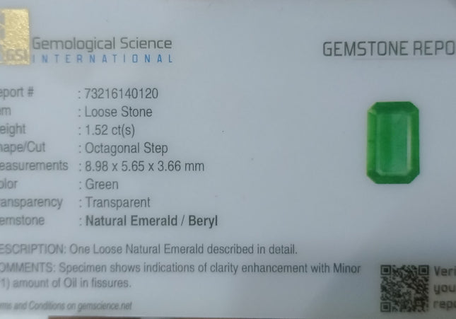 GSI Certified 1.52ct Medium Light Green Natural Zambian Emerald Minor Oiled Loose Gemstone
