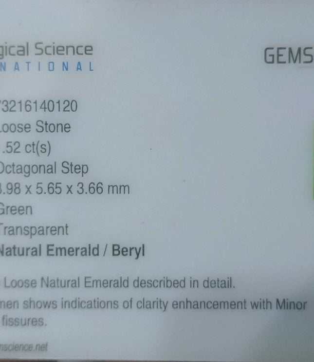Certified 1.52ct Natural Zambian Emerald Stone.