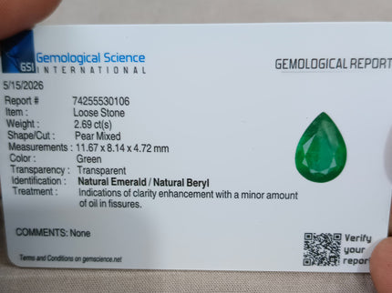 2.69ct Natural Emerald Medium Deep Vivid Green Pear Cut GSI Certified Gemstone