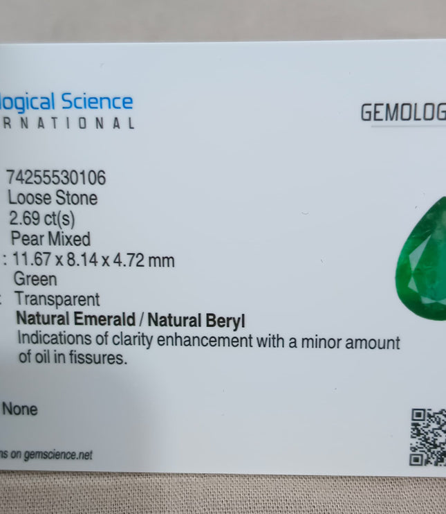 2.69ct Natural Emerald Medium Deep Vivid Green Pear Cut GSI Certified Gemstone