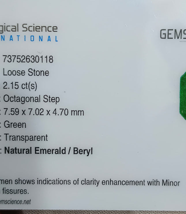 Zambian Emerald 2.15ct Natural Certified Medium Deep Green Octagon Cut Gemstone