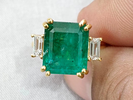 8.36ct Natural Emerald Ring Set with 0.38ct Diamonds(CVD) 925 Silver Gold Plated