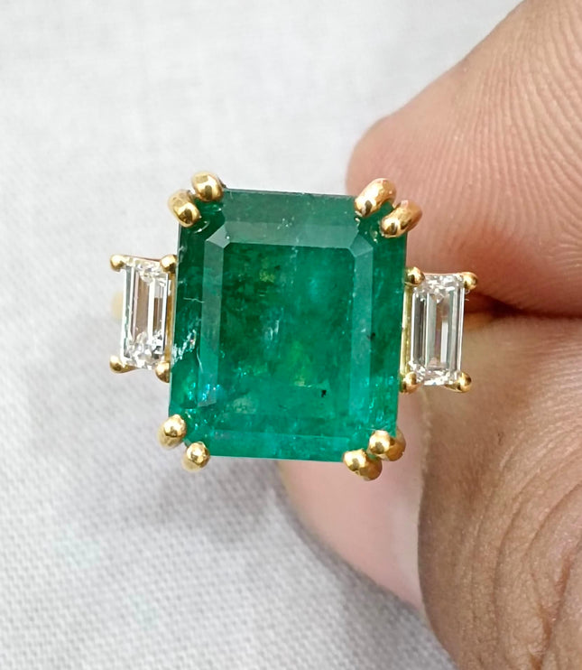 8.36ct Natural Emerald Ring Set with 0.38ct Diamonds(CVD) 925 Silver Gold Plated