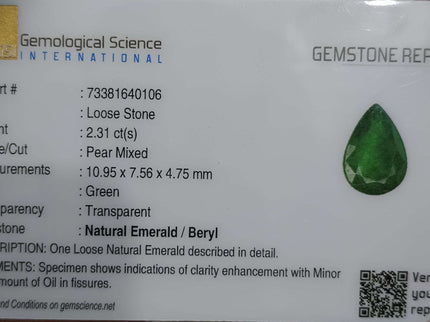 Zambian Emerald 2.31ct Certified Natural Deep Green Pear Cut Stone