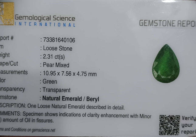 2.31ct GSI Certified Deep Green Zambian Emerald Minor Oiled Loose Gemstone