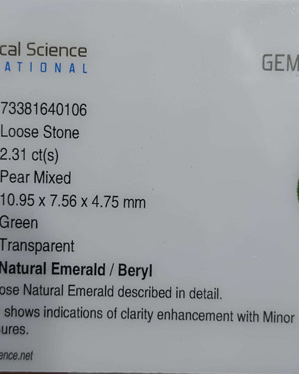2.31ct GSI Certified Deep Green Zambian Emerald Minor Oiled Loose Gemstone