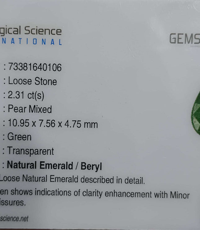 Zambian Emerald 2.31ct Certified Natural Deep Green Pear Cut Stone
