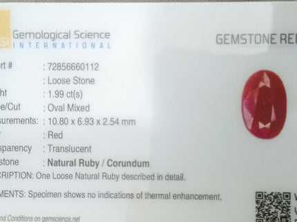 GSI Certified 1.99ct Mozambique Ruby, Natural Untreated Gemstone
