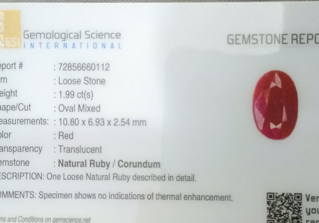 GSI Certified 1.99ct Mozambique Ruby, Natural Untreated Gemstone