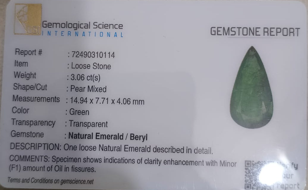 GSI Certified 3.06ct Velvet Green Emerald, 100% Natural Earth mined Gemstone