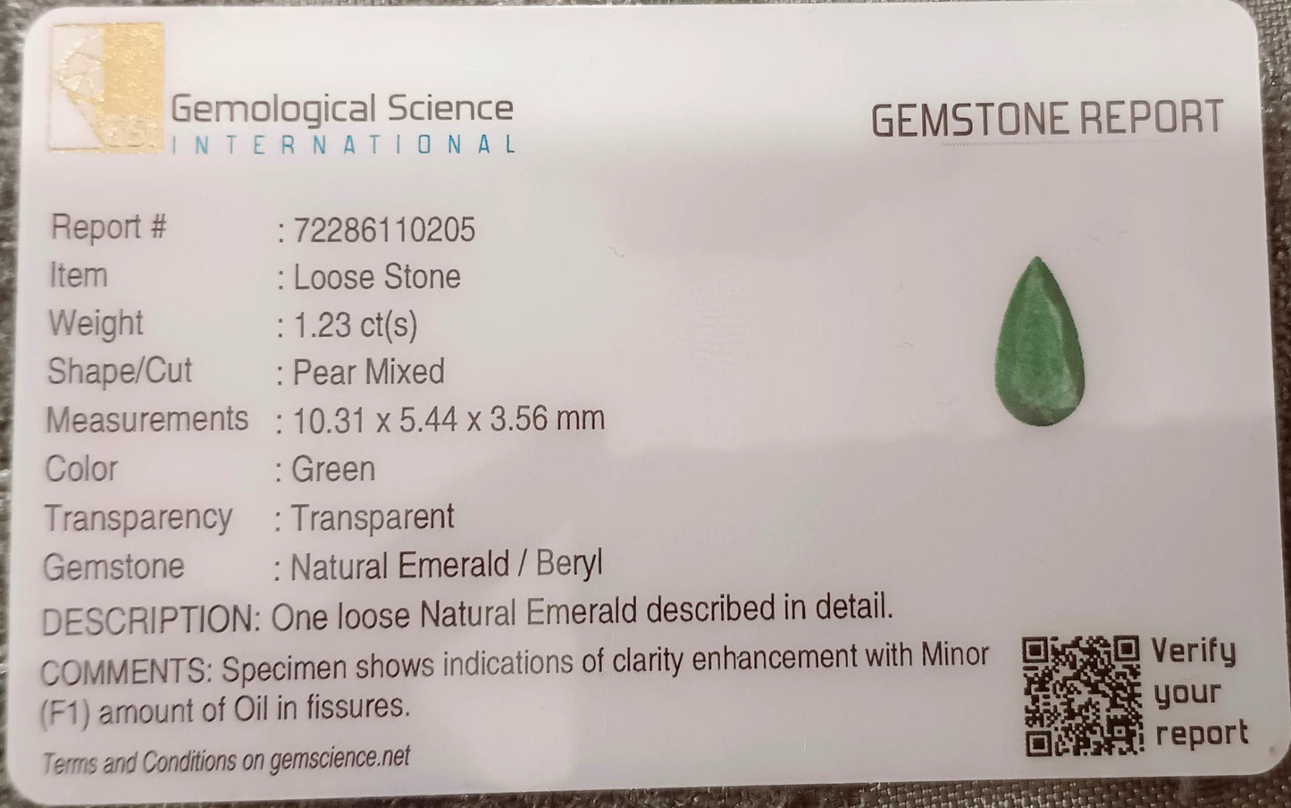 GSI Certified 1.23ct Vivid Deep Swat Emerald , 100% Natural Earth Mined Gemstone