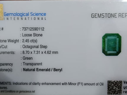 Zambian Emerald 2.45ct Certified Natural Deep Glass Green Octagon Cut Loose Gemstone