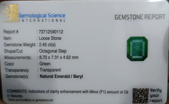 Zambian Emerald 2.45ct Certified Natural Deep Glass Green Octagon Cut Loose Gemstone