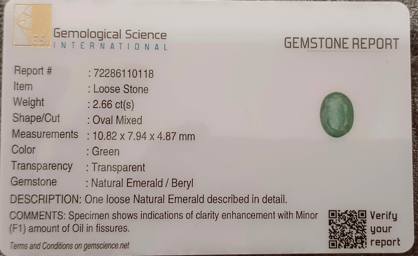 GSI Certified 2.66ct Zambian Emerald , 100% Natural Earth Mined Gemstone