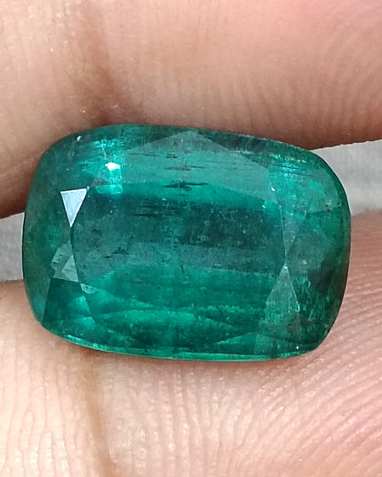 7.34ct Natural Zambian Emerald, Deep Green Cushion Cut Minor oiled Loose Gemstone.