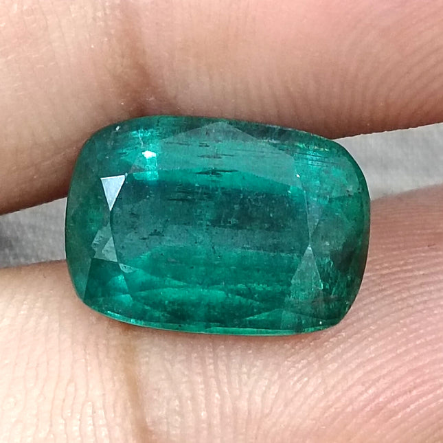 7.34ct Natural Zambian Emerald, Deep Green Cushion Cut Minor oiled Loose Gemstone.