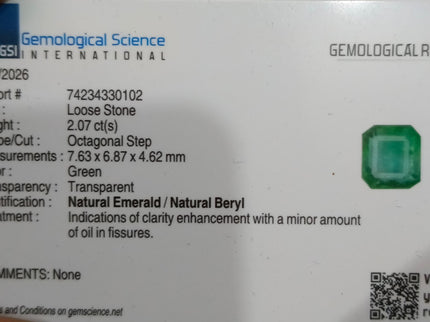 2.07ct Natural Emerald GSI Certified Blue Green Octagon Cut Gemstone