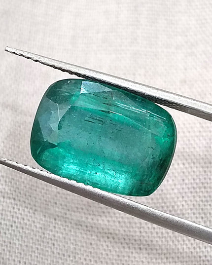 7.34ct Natural Zambian Emerald, Deep Green Cushion Cut Minor oiled Loose Gemstone.