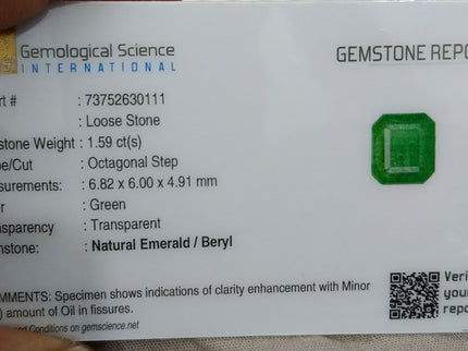 1.59ct Zambian Emerald, Certified Natural Deep Pure Green Octagon Cut Gemstone