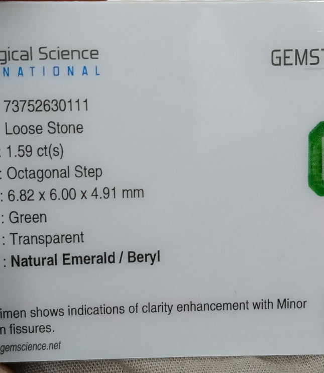 1.59ct Zambian Emerald, Certified Natural Deep Pure Green Octagon Cut Gemstone