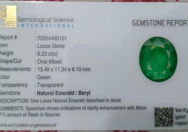 GSI Certified 6.23ct Medium Deep Emerald, Natural Gemstone