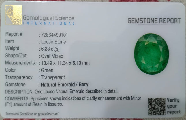 GSI Certified 6.32ct Medium Deep Emerald, Natural Gemstone
