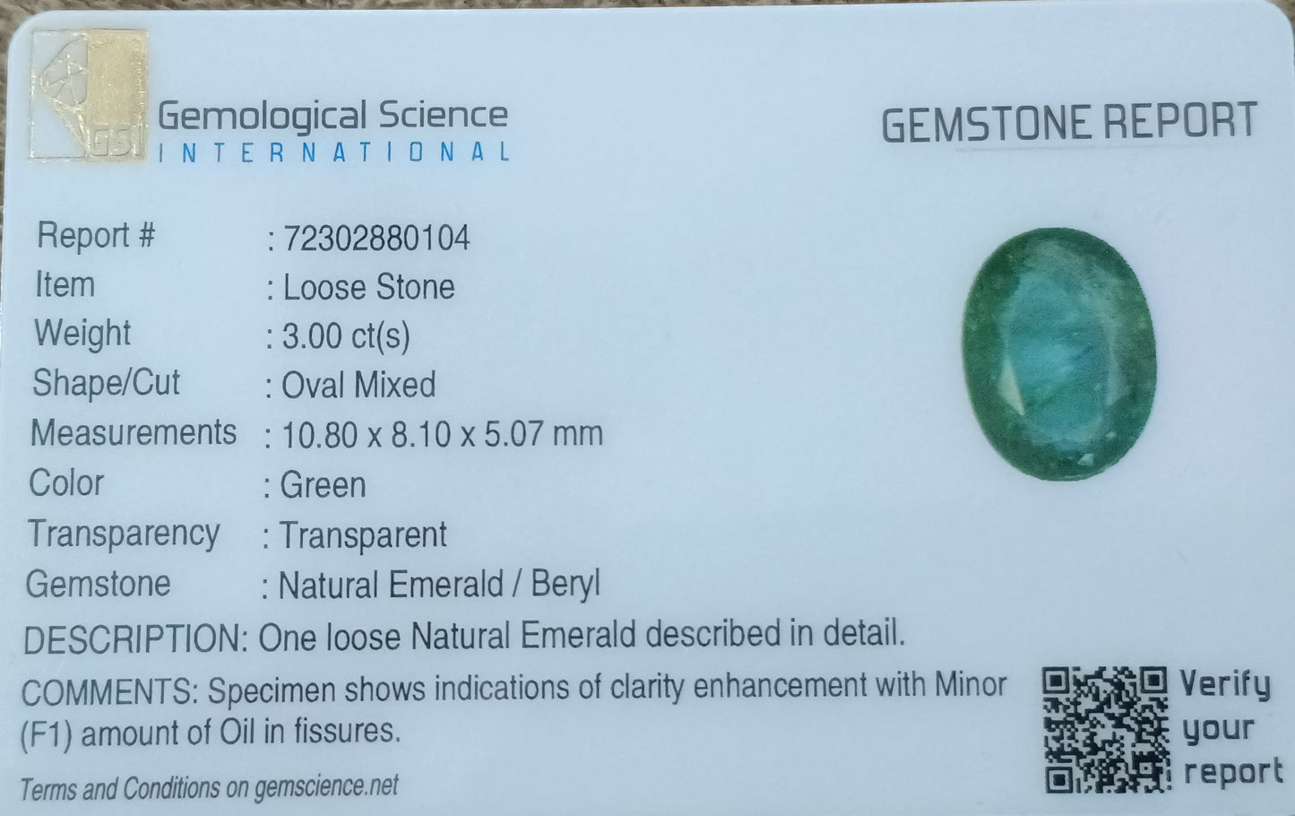 GSI Certified 3.00ct Zambian Emerald, 100% Natural Gemstone