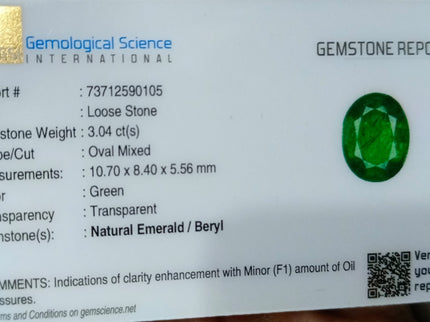 3.04ct Zambian Emerald, Forest Green Certified Natural Oval Cut Loose Gemstone
