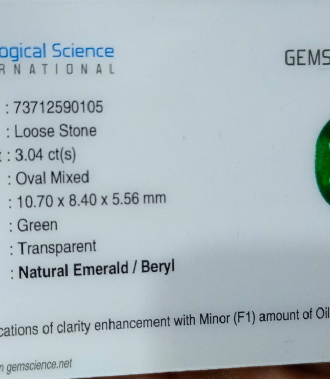 3.04ct Zambian Emerald, Forest Green Certified Natural Oval Cut Loose Gemstone