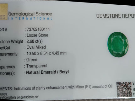 Zambian Emerald 2.68ct Vivid Green Certified Natural Oval Cut Loose Stone