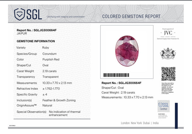 2.19ct Natural Ruby Untreated Mozambique SGL Certified Deep Cranberry Red Stone
