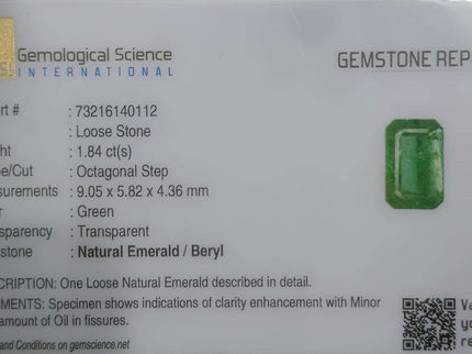 Natural Emerald 1.84ct Certified Zambian Origin Loose Gemstone