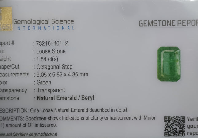 GSI Certified 1.84ct Deep Green Natural Zambian Emerald Minor Oiled Loose Gemstone